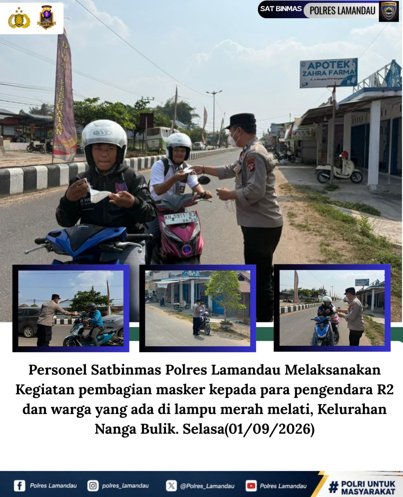 Satbinmas Polres Lamandau Bagikan Masker kepada Pengendara, Imbau Jaga Kesehatan