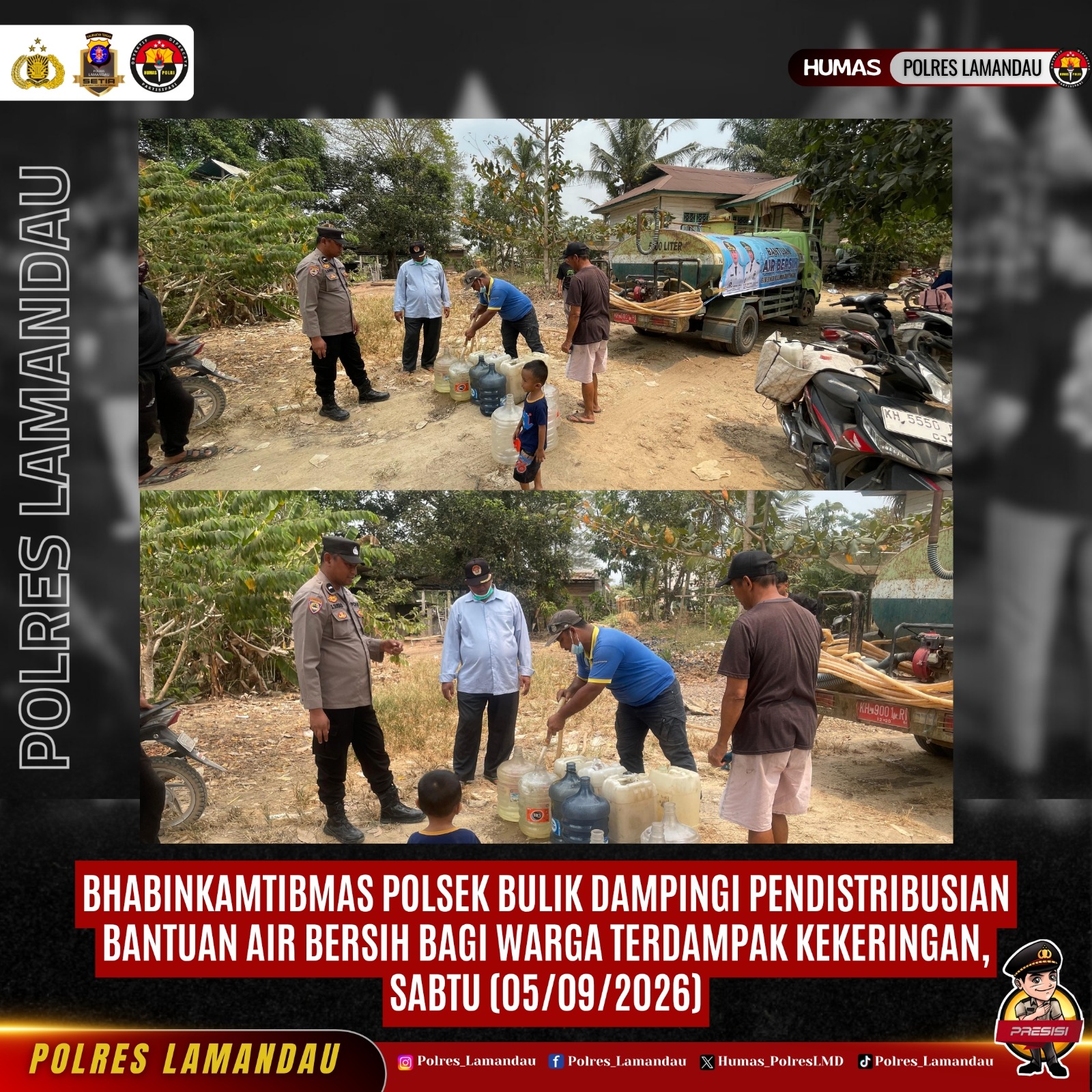 Bhabinkamtibmas Polsek Bulik Dampingi Pendistribusian Bantuan Air Bersih bagi Warga Terdampak Kekeringan