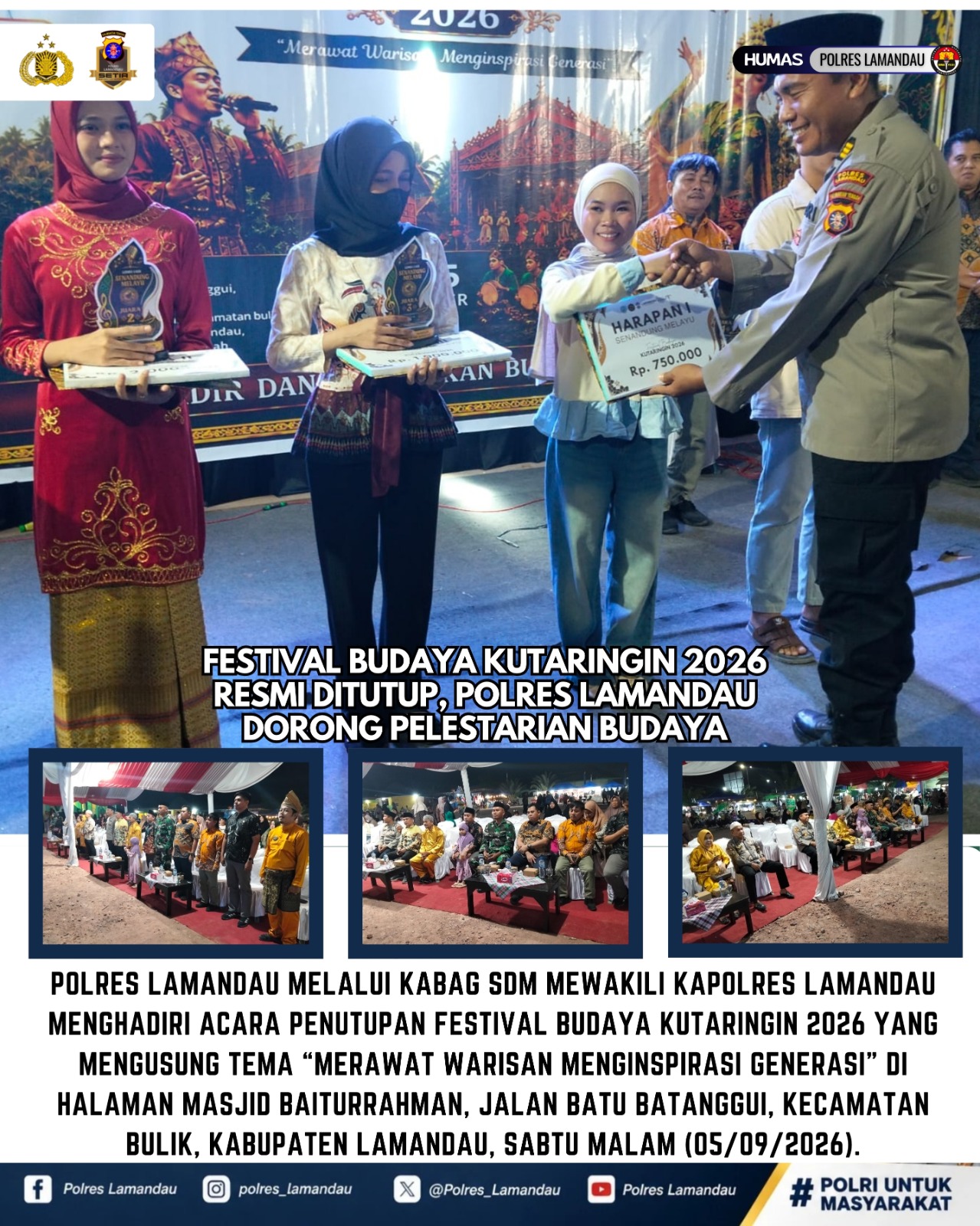 Festival Budaya Kutaringin 2026 Resmi Ditutup, Polres Lamandau Dorong Pelestarian Budaya