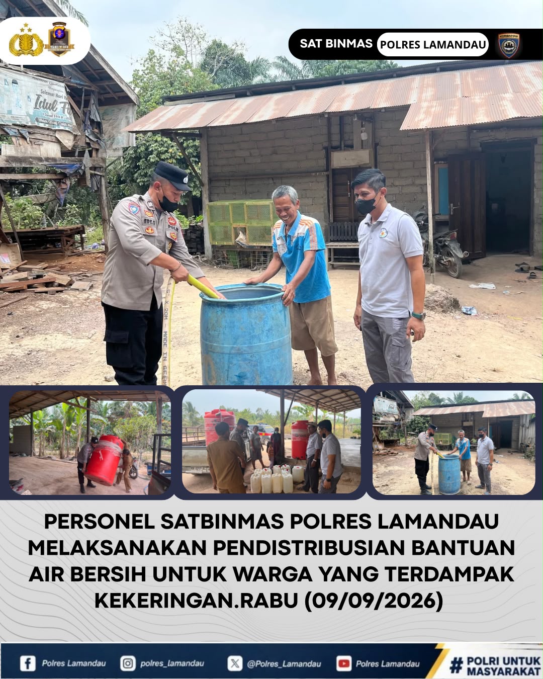 Satbinmas Polres Lamandau Salurkan Bantuan Air Bersih kepada Warga Terdampak Kekeringan