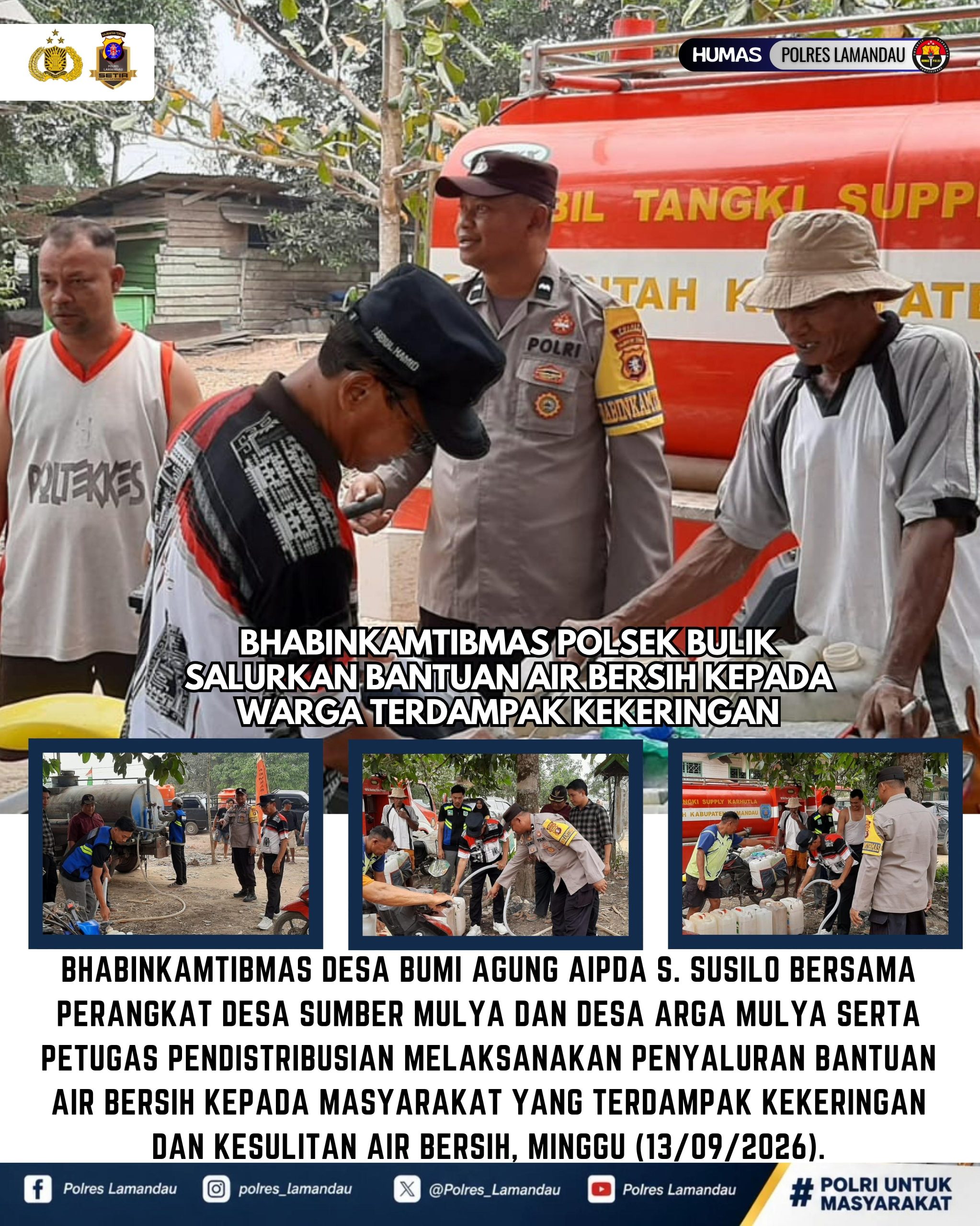 Bhabinkamtibmas Polsek Bulik Salurkan Bantuan Air Bersih kepada Warga Terdampak Kekeringan